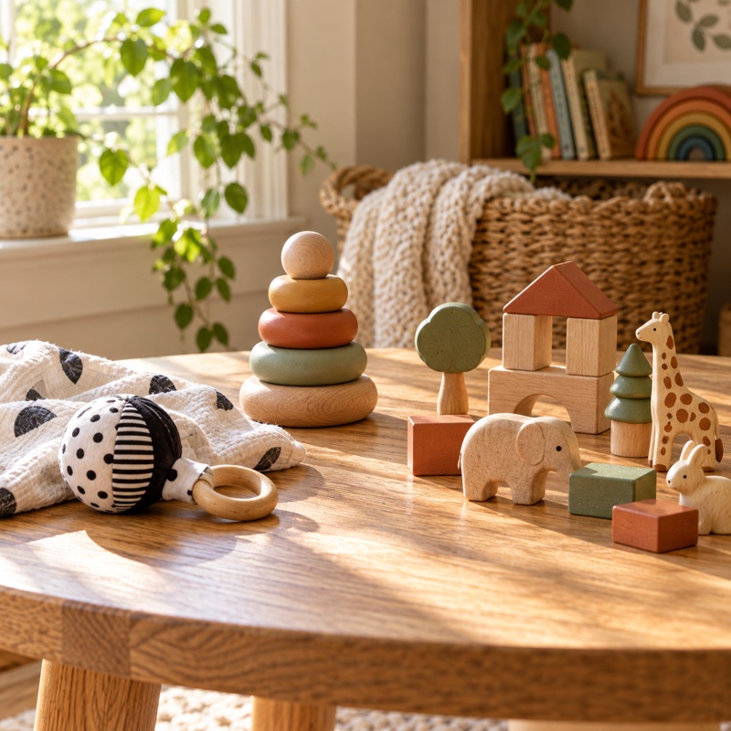 A soft baby rattle, stacking rings, wooden blocks, and animal toys arranged on a sunlit play table.