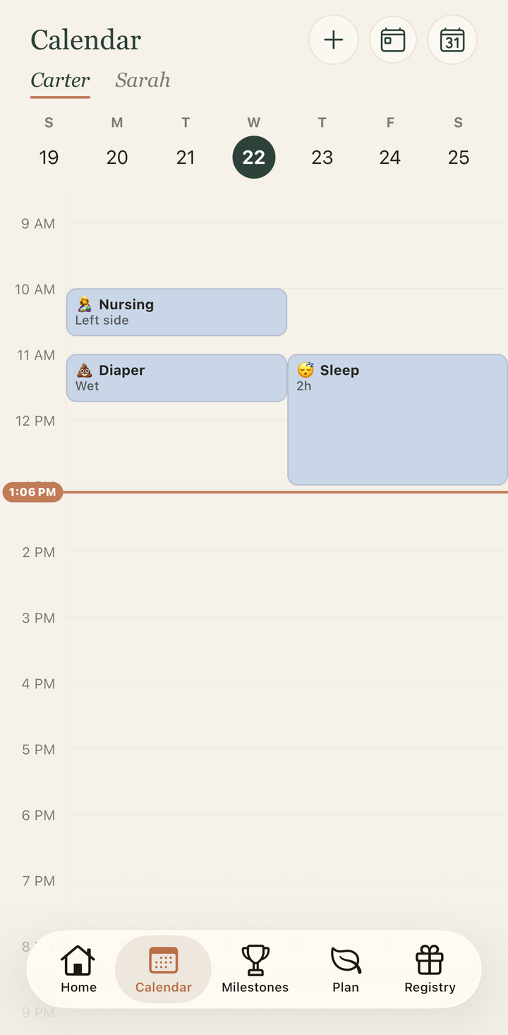 Daily log screen. Log nursing, bottles, diapers, and sleep, then see the whole day on one timeline.