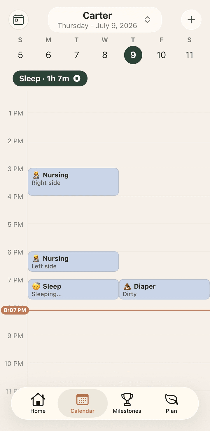 Daily log screen. Log nursing, bottles, diapers, and sleep, then see the whole day on one timeline.
