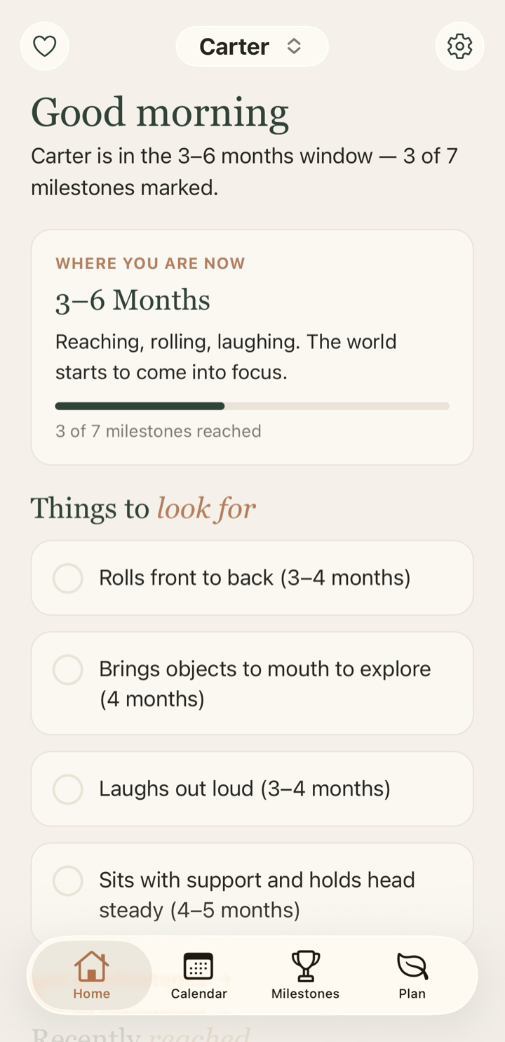 The Raising Intentionally home screen showing your baby's stage and milestones