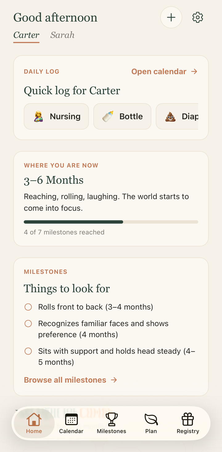 The Raising Intentionally home screen showing your baby's stage and milestones