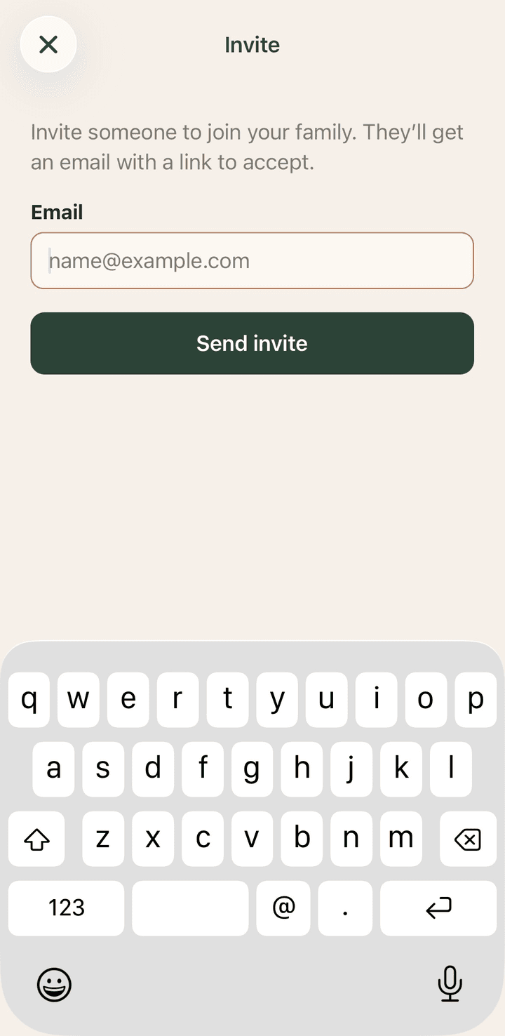 Your family screen. Invite your partner so you both see the same milestones, log, and plan.