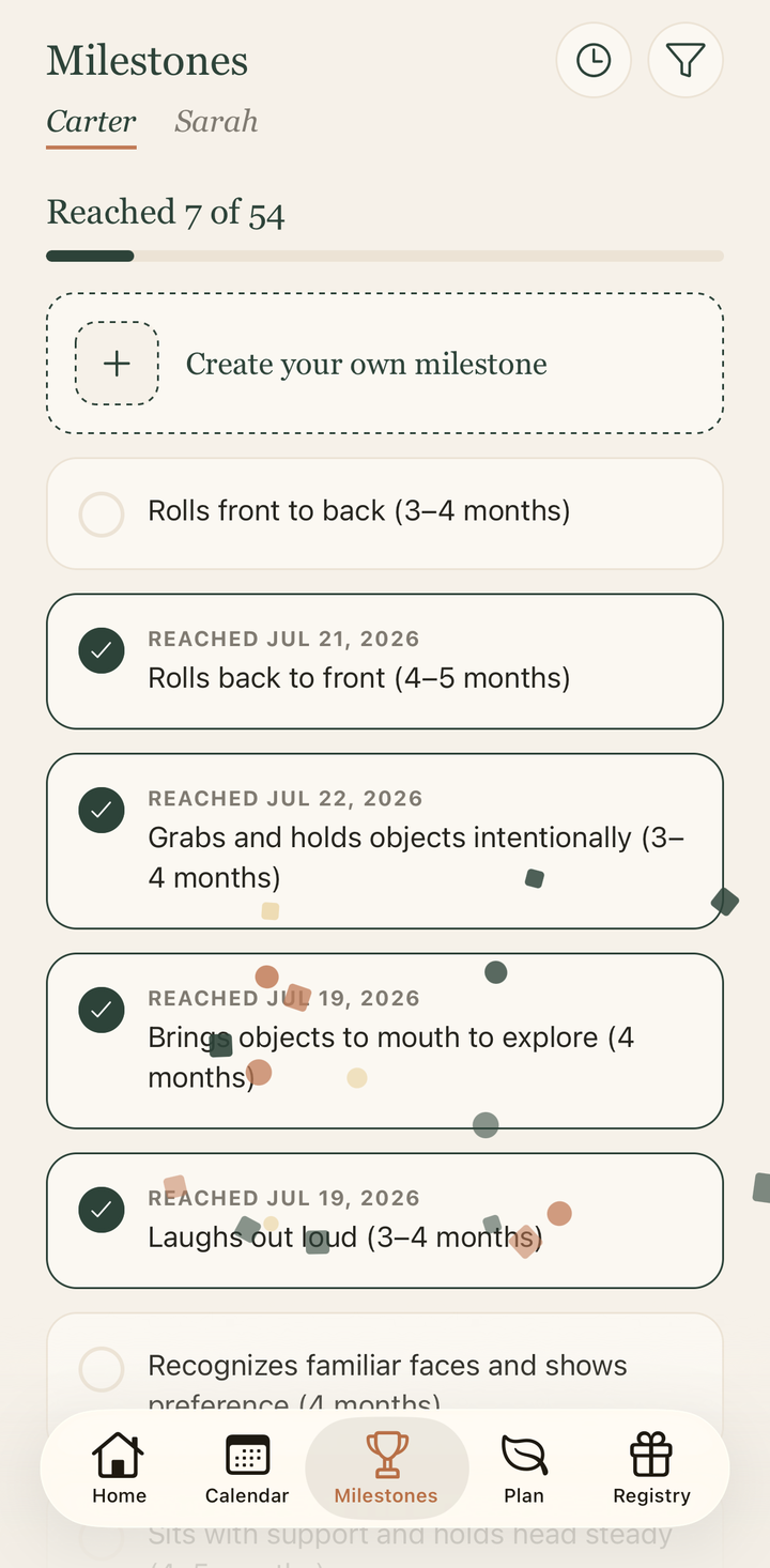 Milestones screen. Track 50+ milestones by age stage, and add your own special firsts.