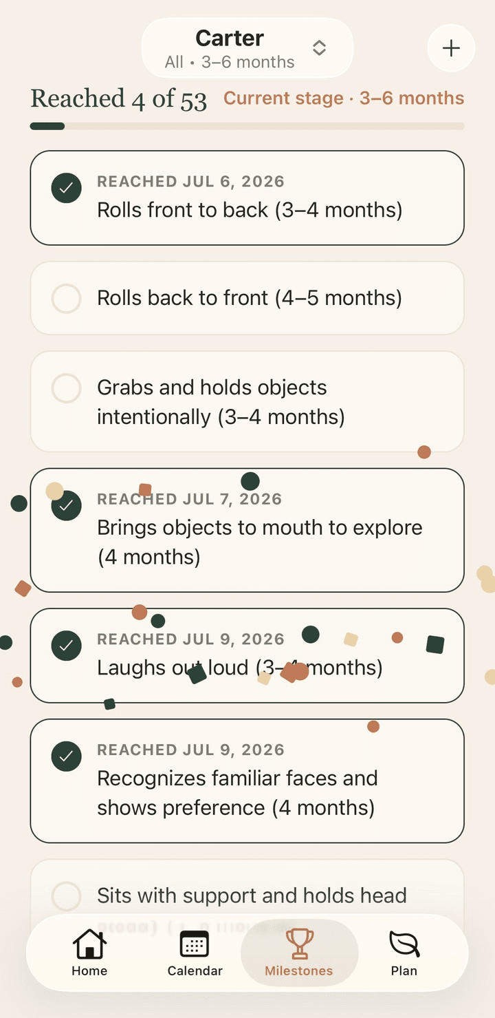 Milestones screen. Track 50+ milestones by age stage, and add your own special firsts.