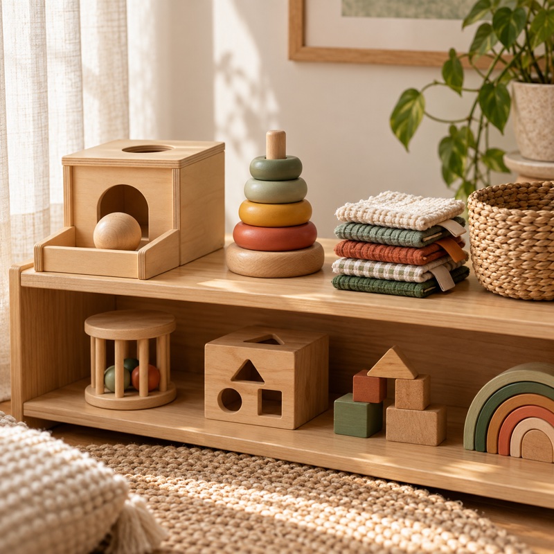 A small shelf of wooden toys, stacking rings, fabric squares, and baskets in natural light.
