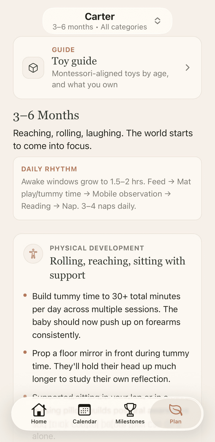 Development plan screen. Daily rhythms and Montessori-aligned tips for every stage.