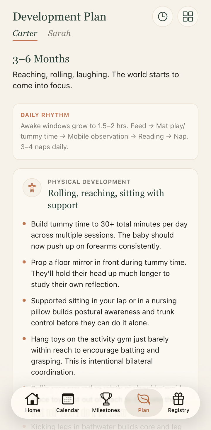 Development plan screen. Daily rhythms and Montessori-aligned tips for every stage.