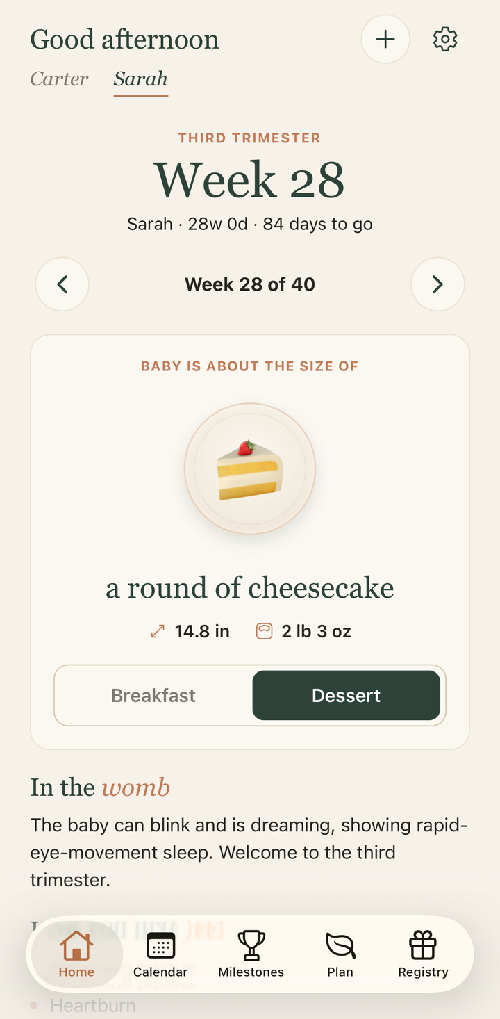 Pregnancy tracker screen. Follow your pregnancy week by week, with a due-date countdown, a size guide, and what to expect. Explore baby names and check off a prep list so you are ready for baby.