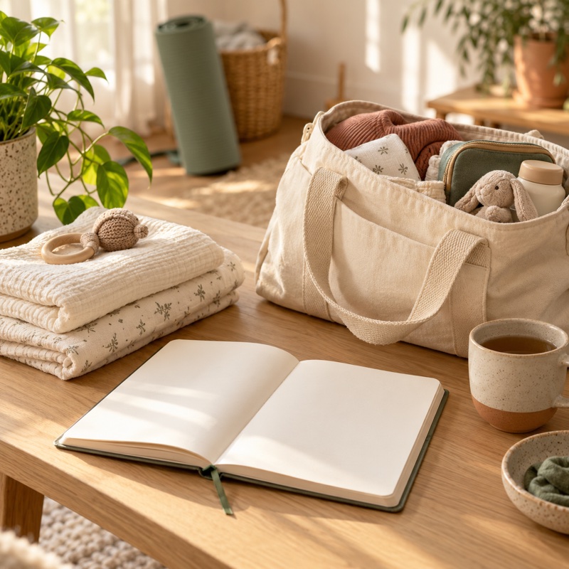 An open planning notebook, folded baby blankets, and a packed hospital tote on a sunlit table.
