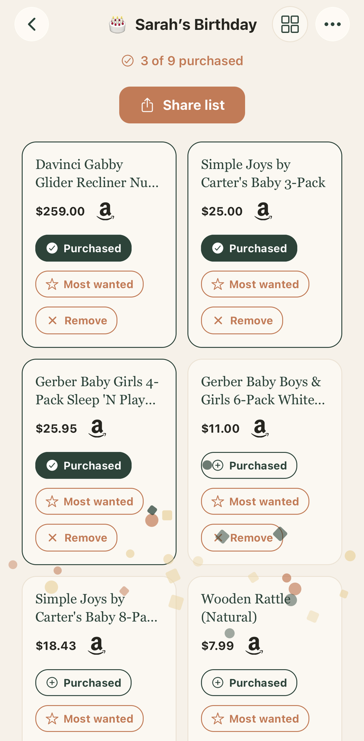Shared lists screen. Build a gift list, mark what you own, and share it so friends and family can buy from it.