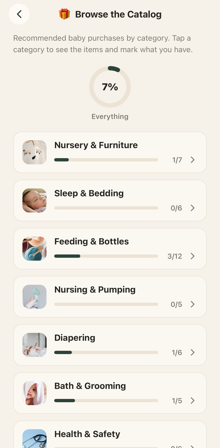 Registry screen. Recommended baby purchases by category. Mark what you own and see what you still need.