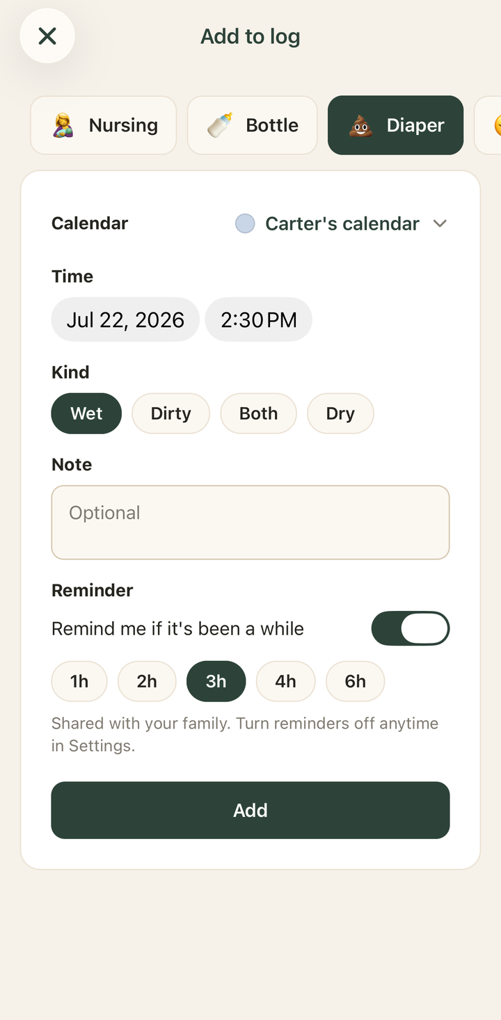 Reminders screen. Turn on a reminder as you log a feed, diaper, or nap, and choose how long to wait. A quiet notification lets your whole family know when the next one is due.