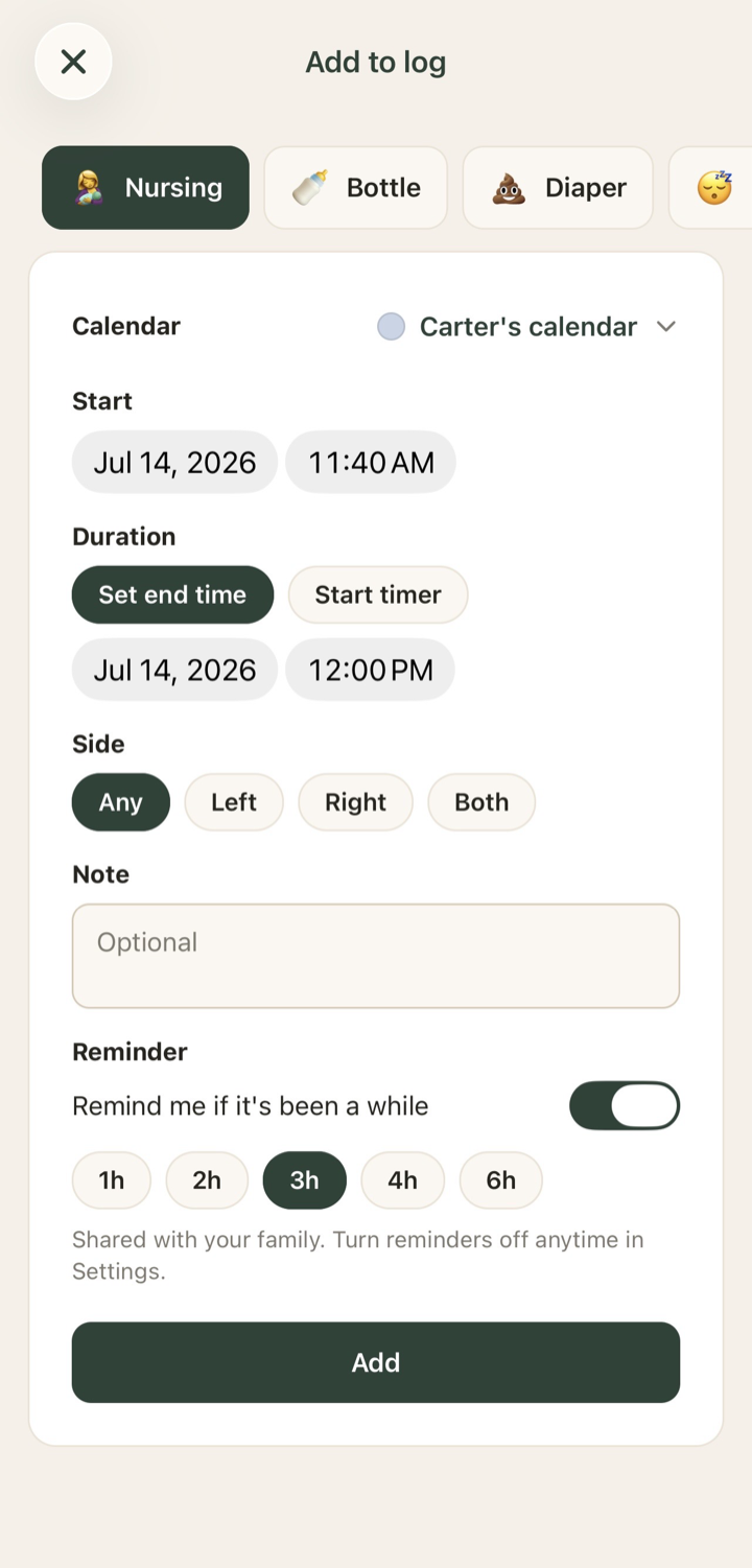Reminders screen. Turn on a reminder as you log a feed, diaper, or nap, and choose how long to wait. A quiet notification lets your whole family know when the next one is due.