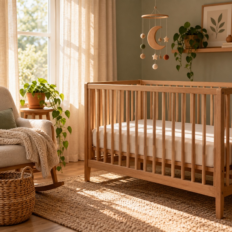 An empty wooden crib with a fitted sheet beneath a mobile in a softly sunlit nursery.