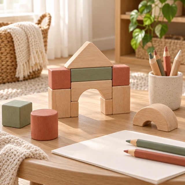 Wooden building blocks and drawing materials arranged for a shared creative activity.