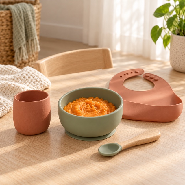 A sage bowl of orange puree, a baby spoon, a cup, and a terracotta bib on a wooden table.