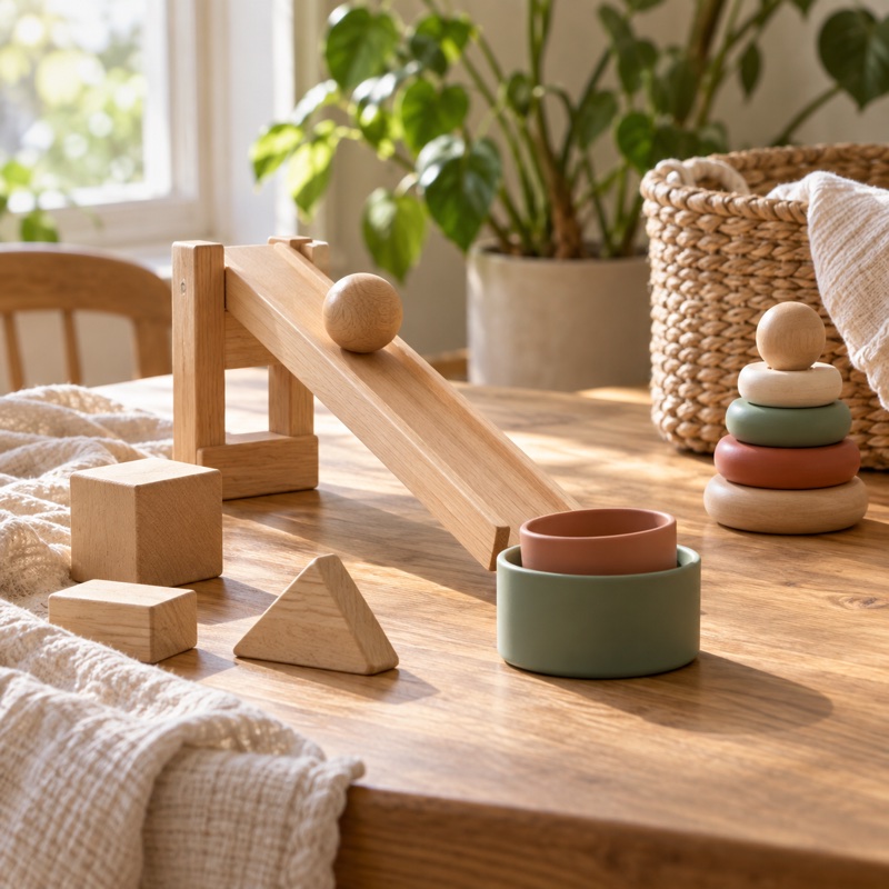 A wooden ball ramp, stacking rings, and blocks arranged for simple cause-and-effect play.