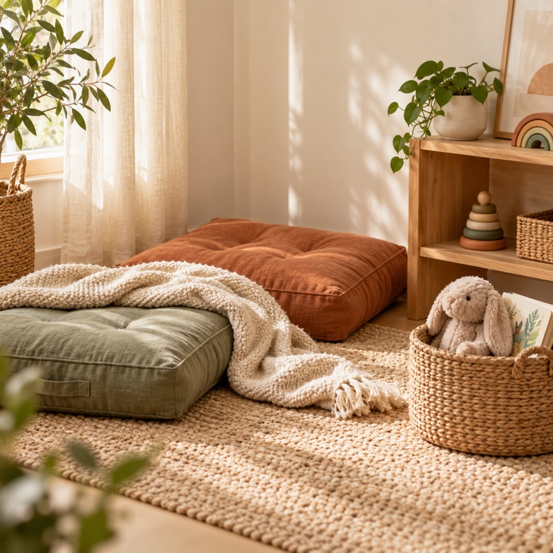 A calm corner with floor cushions, a soft blanket, a plush rabbit, and a low toy shelf.