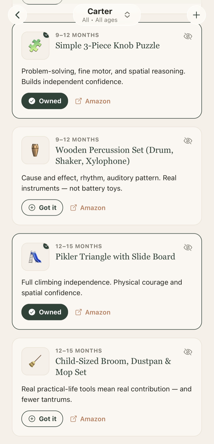 Toy guide screen. Know what to offer next, and keep track of what you own.