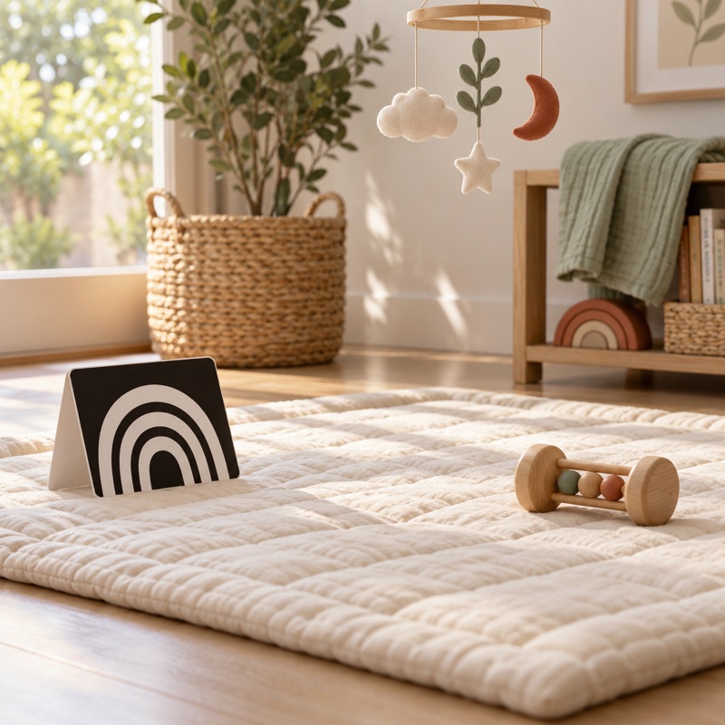 A clear floor play mat with a high-contrast card, wooden rattle, and soft mobile.
