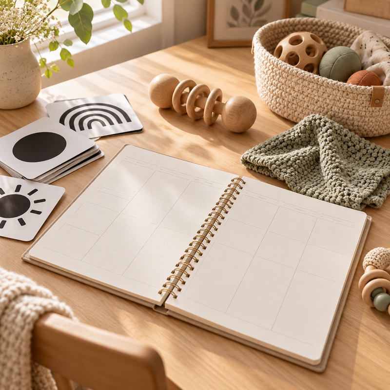 A blank weekly planner beside high-contrast cards, a wooden rattle, and soft baby play materials.