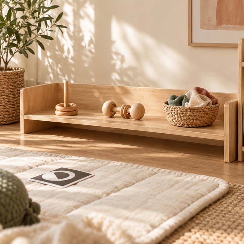 A low wooden shelf with a few simple infant play materials beside a cream floor mat.